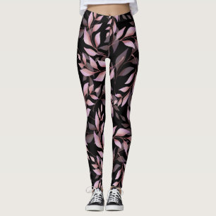 Pastellrosa Blätter auf Schwarz Leggings