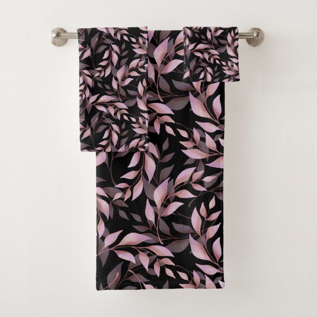 Pastellrosa Blätter und Schwarzes Muster Badhandtuch Set (Insitu)