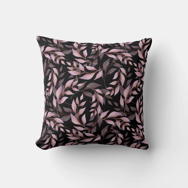 Pastellrosa Blätter und Schwarzes Muster Kissen (Vorderseite)