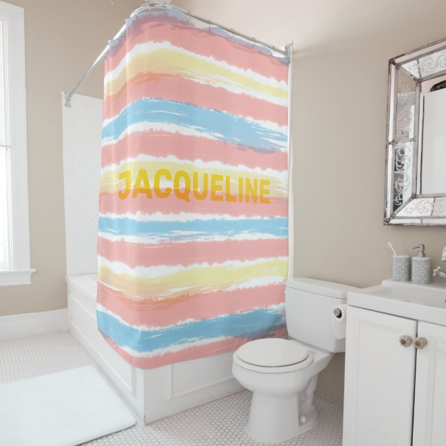 Pastellrosa Blau Gelbe Streifen Gelbe NAME Duschvorhang (Beispiel)
