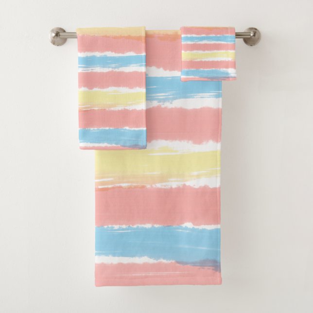 Pastellrosa Blau Gelbe Wasserfarben Streifen Badhandtuch Set (Insitu)