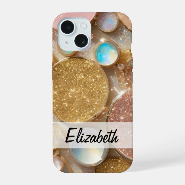 Pastellrosa, Blau, Gold und Silber Glitzer iPhone 15 Hülle (Rückseite)