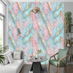 Pastellrosa Blaue goldene tropische Blätter Tapete