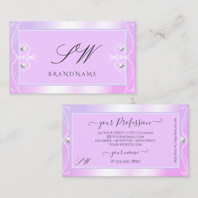 Pastellrosa Blaues Sparkle Karo Monogram Verziert Visitenkarte (Vorne/Hinten)