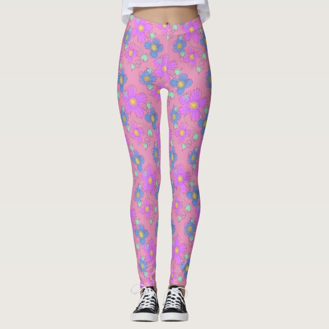 Pastellrosa Blume Doodle Dot Print Leggings (Vorderseite)