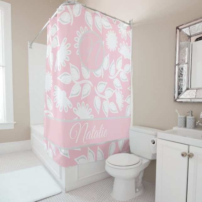 Pastellrosa Blumenmuster - mit Monogramm Duschvorhang (Beispiel)