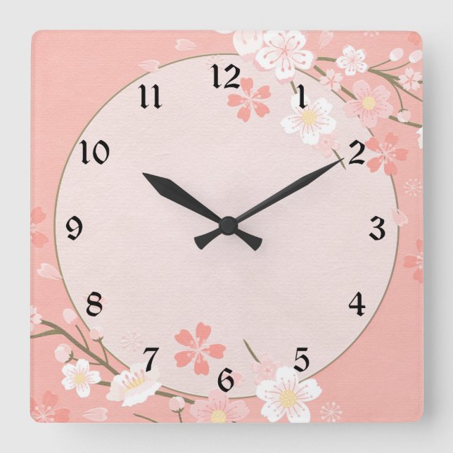 Pastellrosa Blumenmuster Quadratische Wanduhr (Vorderseite)