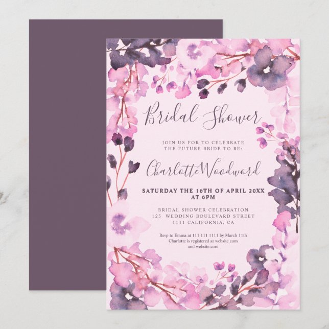 Pastellrosa Blumenwasser-Brautparty lila Einladung (Vorne/Hinten)