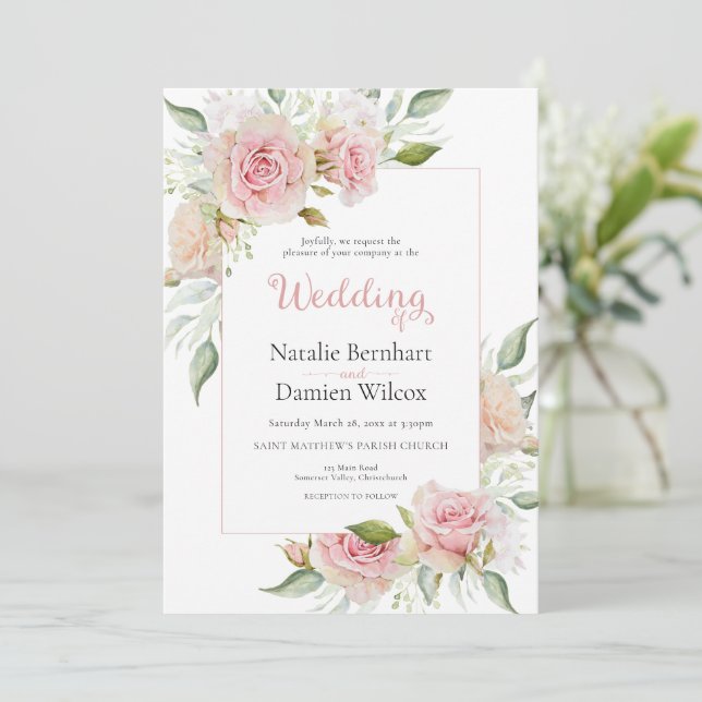 Pastellrosa Blumenwasser-Hochzeit Einladung (Stehend Vorderseite)