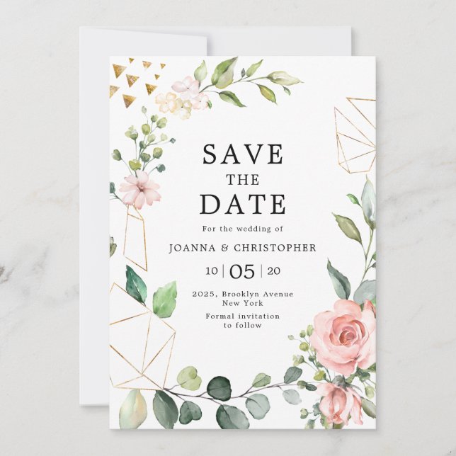 Pastellrosa Blush Rose Geometrische Hochzeit der B Save The Date (Vorderseite)