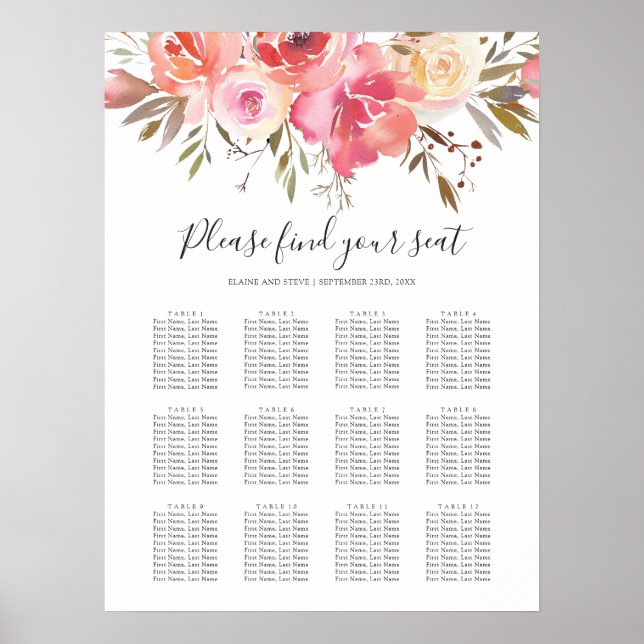 Pastellrosa Blütenhochzeit 12 Tafelübersicht Poster (Vorne)