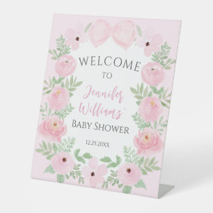 Pastellrosa Bogen Blütenbraun Babydusche Begrüßung Sockelschild