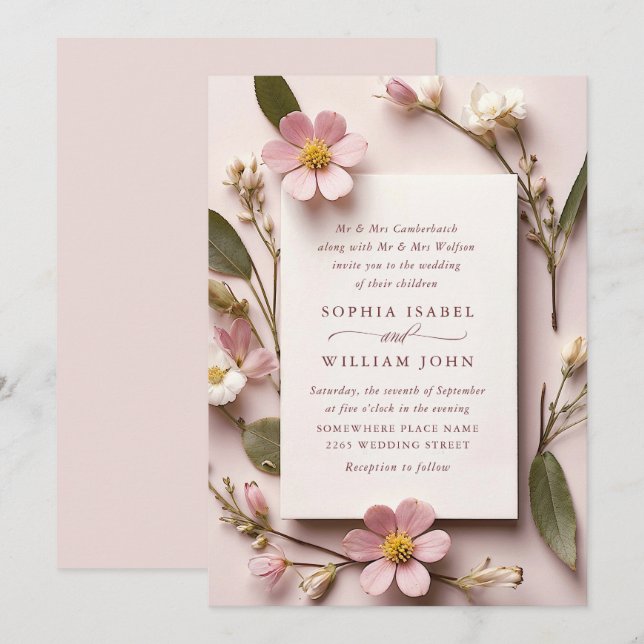 Pastellrosa Bohemische Wildblumen Hochzeit Einladung (Vorne/Hinten)