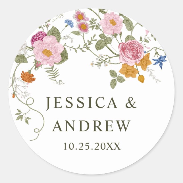 Pastellrosa Bohemische Wildblumen Hochzeit Runder Aufkleber (Vorderseite)