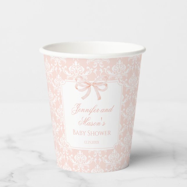 Pastellrosa Bugdamaske Babydusche Papierbecher (Vorderseite)