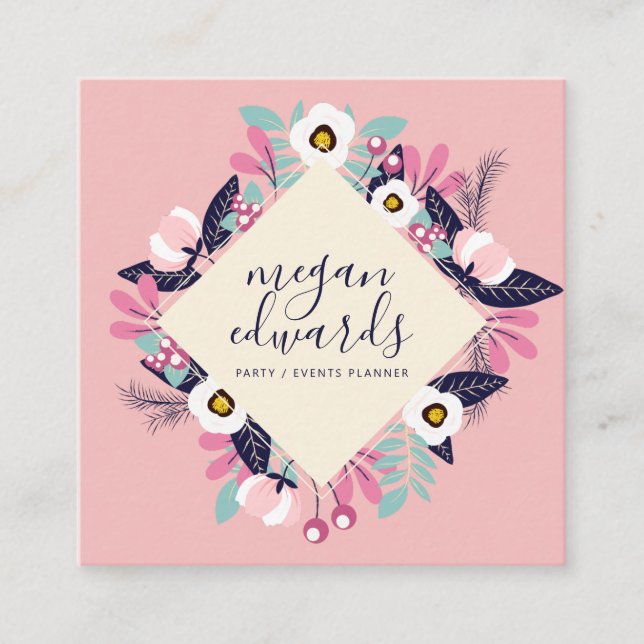 Pastellrosa Creme Drehbuch Boho Blumendarstellung Quadratische Visitenkarte (Vorderseite)