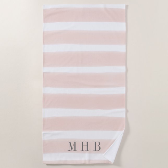 Pastellrosa Farbstreifen Monogramm Strandtuch (Vorderseite)