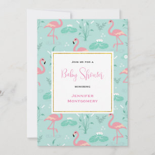 Pastellrosa Flamingos auf grünem Muster-Baby-Showe Einladung