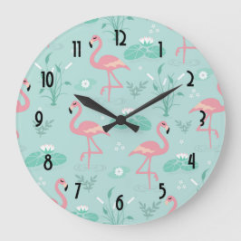 Pastellrosa Flamingos Grünes Muster Große Wanduhr