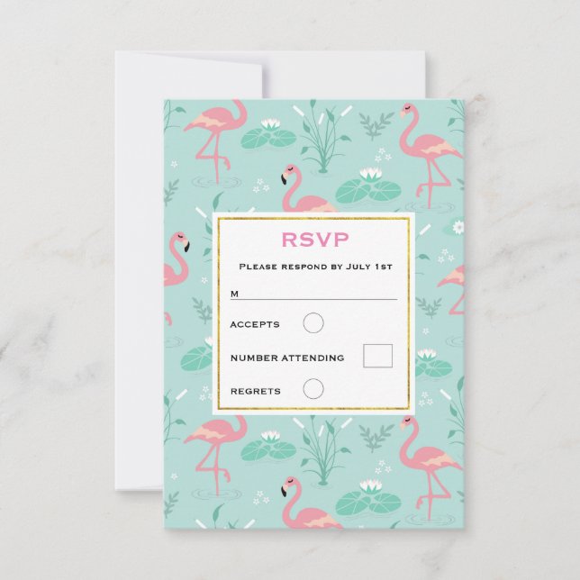 Pastellrosa Flamingos Grünes Muster Hochzeit RSVP Karte (Vorderseite)