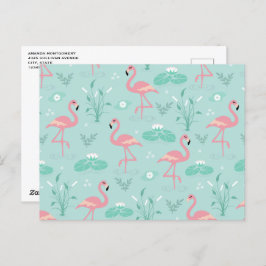 Pastellrosa Flamingos Grünes Muster Postkarte