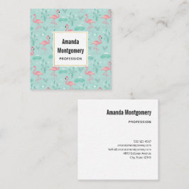 Pastellrosa Flamingos Grünes Muster Quadratische Visitenkarte