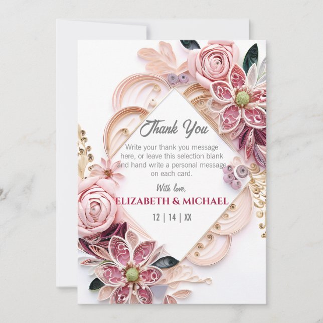 Pastellrosa, florale Hochzeitsrahmenpapierquilling Dankeskarte (Vorderseite)