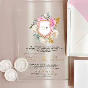 Pastellrosa florales Wappen-Monogramm Hochzeit Acryleinladungen