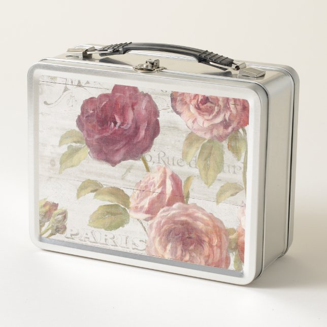 Pastellrosa-Franzose-Rosen Metall Brotdose (Vorderseite)