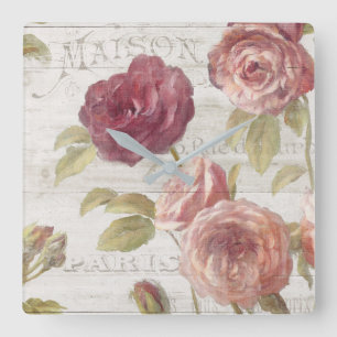 Pastellrosa-Franzose-Rosen Quadratische Wanduhr