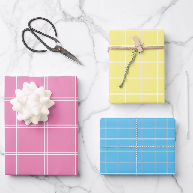 Pastellrosa Gelb Blau und Weiß Kariert Geschenkpapier Set (Vorderseite)