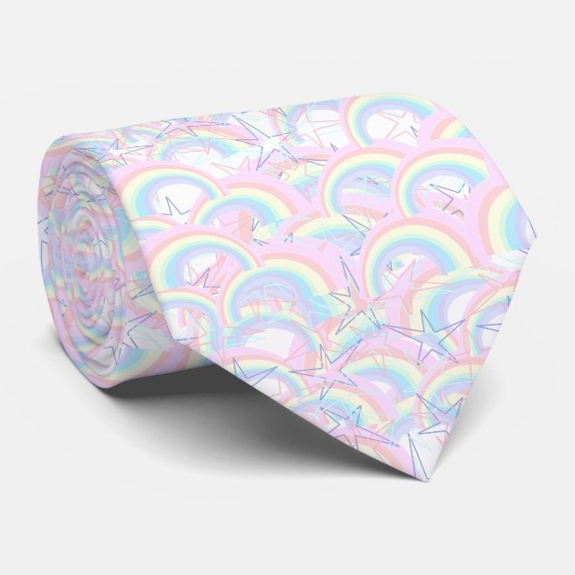 Pastellrosa Gelborange, Aqua Rainbow Stars Krawatte (Gerollt)