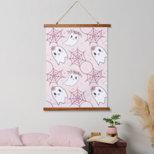 Pastellrosa Gespenst Halloween Kawaii Muster Wandteppich Mit Holzrahmen