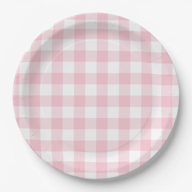 Pastellrosa Gingham Karomuster Pappteller (Vorderseite)