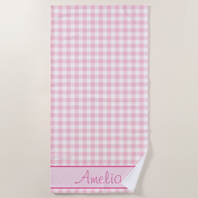 Pastellrosa-Gingham-Muster | personalisiert Strandtuch (Vorderseite)