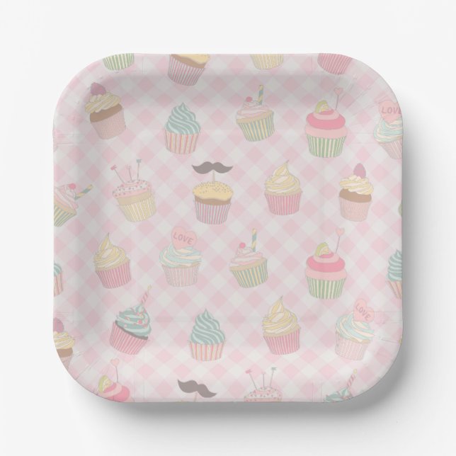 Pastellrosa Gingham Süße Cupcakes Muster Pappteller (Vorderseite)