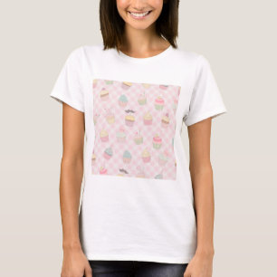 Pastellrosa Gingham Süße Cupcakes Muster T-Shirt