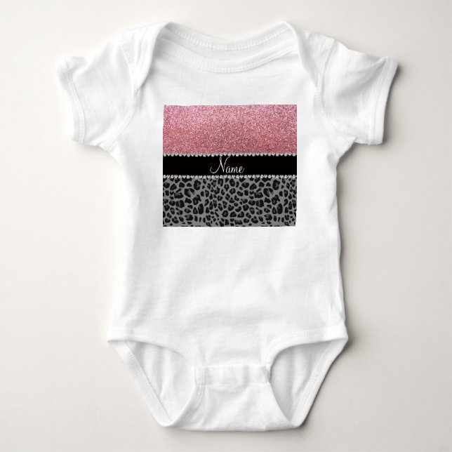 Pastellrosa Glitzer Schwarzer Leopard Baby Strampler (Vorderseite)
