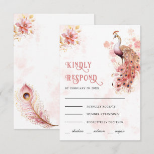 Pastellrosa Gold Floral Indischer Pfau Hochzeit RSVP Karte