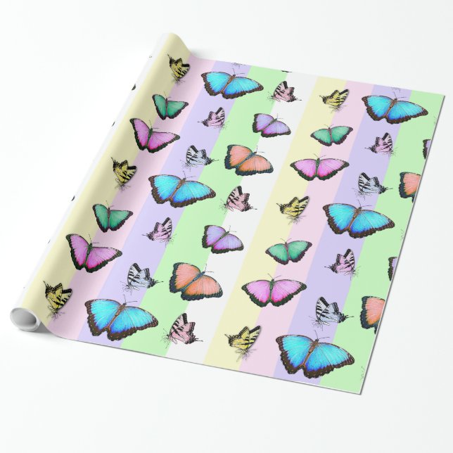 Pastellrosa, Grün, Gelbe Schmetterlinge Geschenkpapier (Ungerollt)