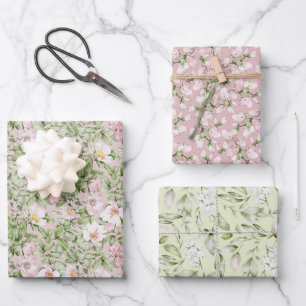 Pastellrosa-grüne Flora Geschenkpapier Set