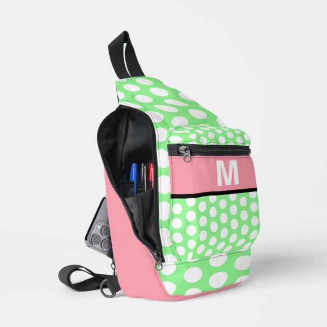 Pastellrosa, grüne, weiße Punkte Monogramm Crossbody Bag (Offen)