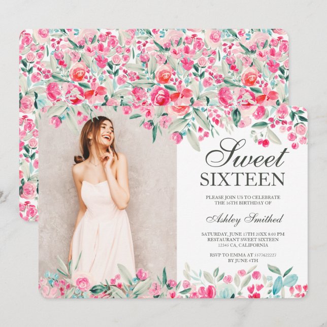 Pastellrosa grünes Foto mit Blumenbeeren Sweet 16 Einladung (Vorne/Hinten)