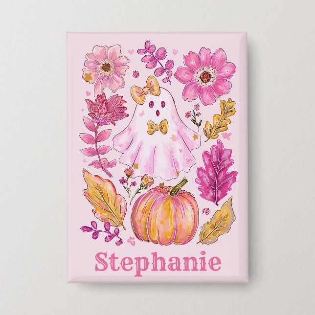 Pastellrosa Halloween-Geist mit individuellem Name Button (Vorderseite)
