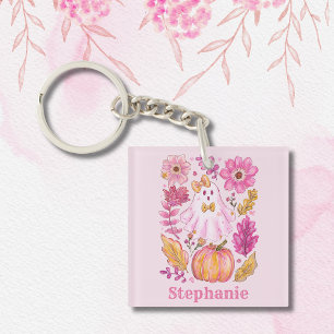 Pastellrosa Halloween-Geist mit individuellem Name Schlüsselanhänger