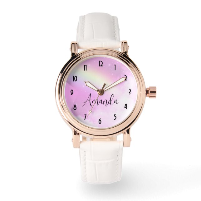 Pastellrosa Himmel mit gelbem Regenbogen Armbanduhr (Vorderseite)