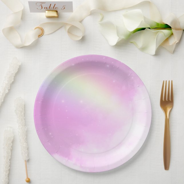 Pastellrosa Himmel mit gelbem Regenbogen Pappteller (Hochzeit)