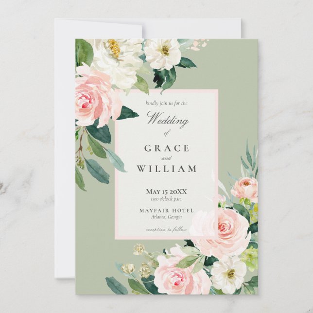 Pastellrosa Hochzeit Weiß und Grün Einladung (Vorderseite)
