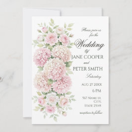Pastellrosa Hortensien und Rosen Budget-Hochzeit Einladung