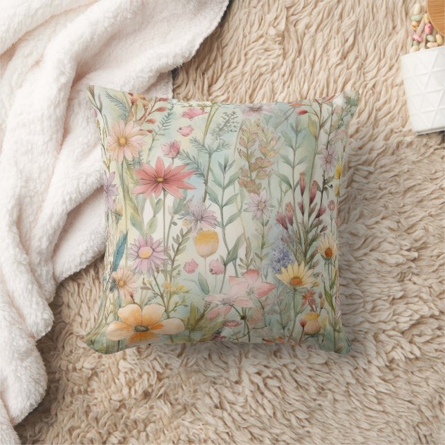 Pastellrosa Lila Gelbe Wildblumen Grün Kissen (Decke)